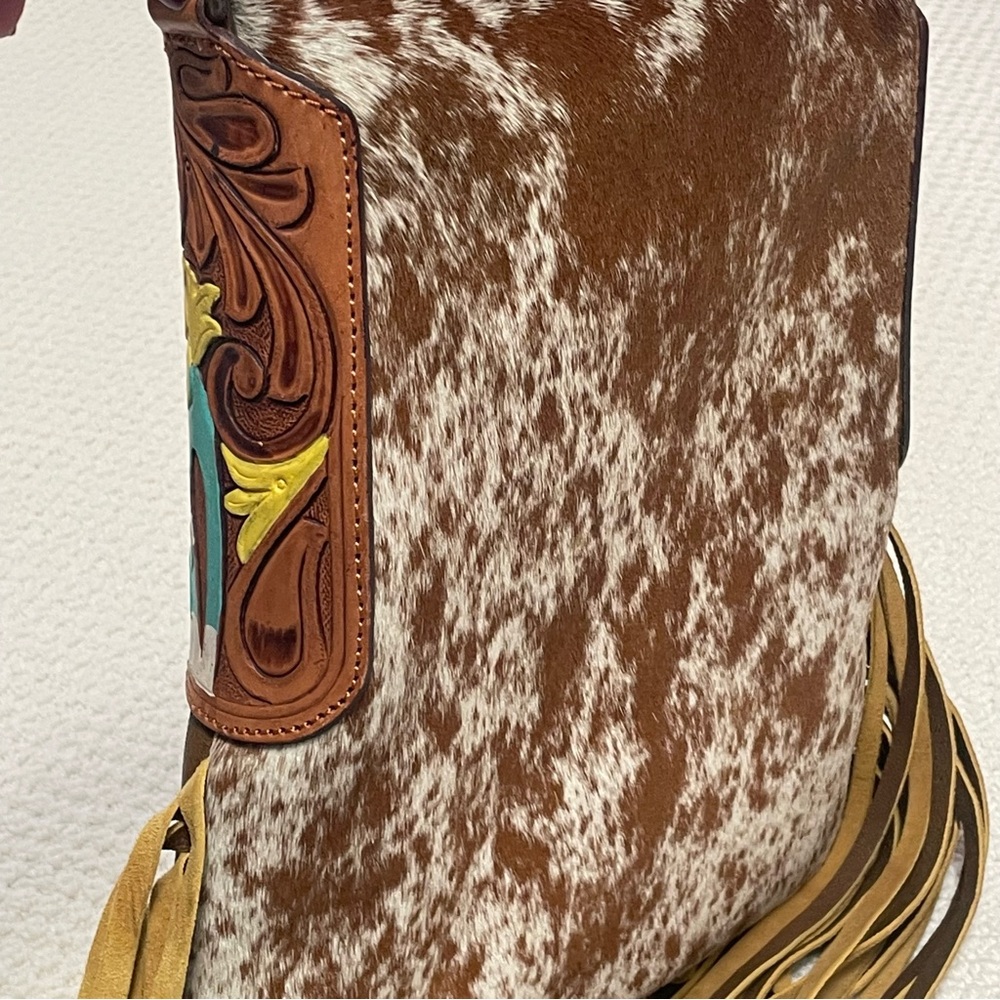 American Darling Cow Print Hair Fringe Western Purse Crossbody Messenger Bag - Picture 8 of 13